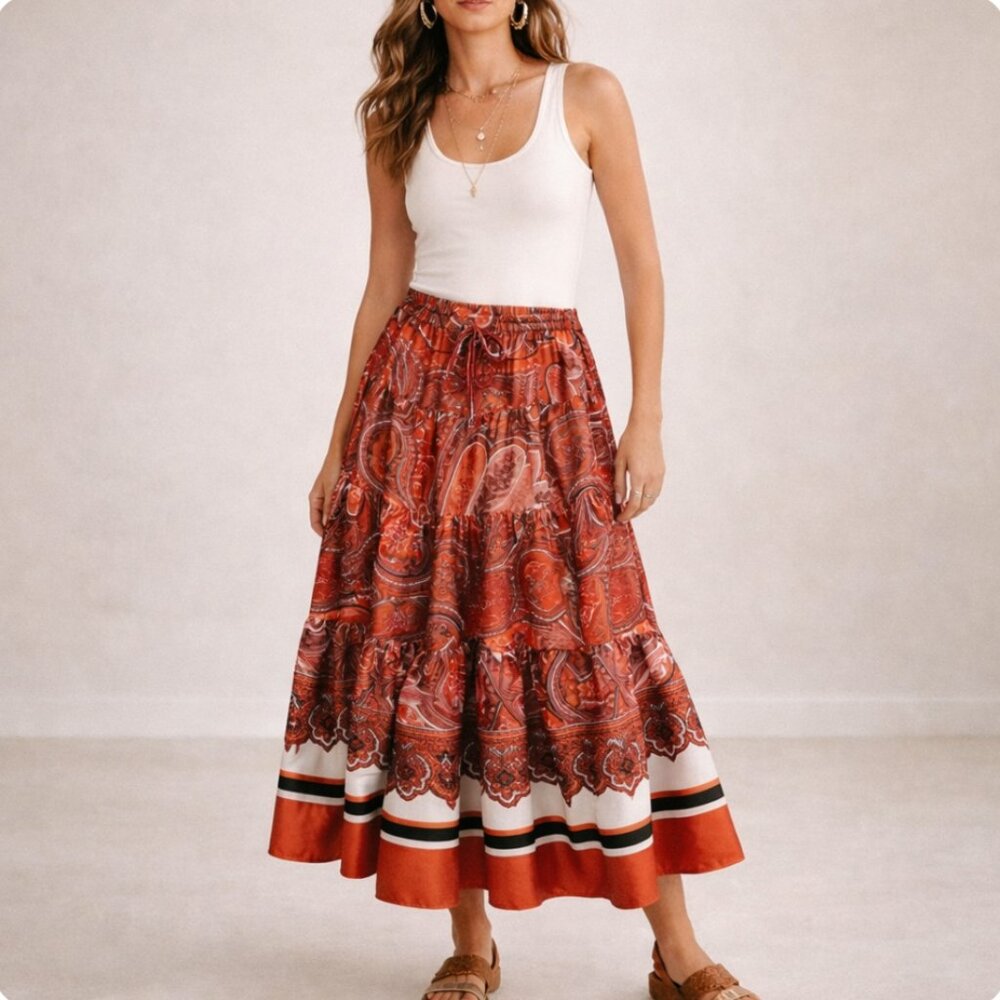 Lauren Ralph Lauren Orange Paisley Tiered Midi Skirt with Stripe Hem